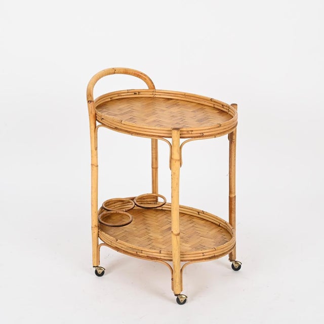 Mid-Century Italian Oval Serving Bar Cart Trolley in Bamboo and Rattan, 1960s For Sale - Image 10 of 13