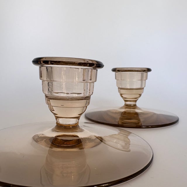 Swedish Grace Art Deco Candlesticks in Smoked Glass, 1920s, Set of 2 For Sale - Image 4 of 9