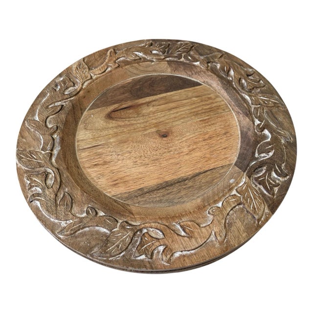 Vintage Pier 1 Imports Carved Wood Leaf and Vine 14” Charger Plates — Set of 4 For Sale In Indianapolis - Image 6 of 9