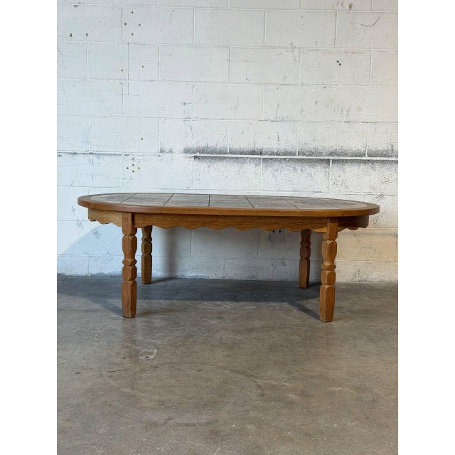 Brown Oak Inset Tile Top Oval Coffee Table With Scalloped Apron Vintage Mid-Century Modern 1970s For Sale - Image 8 of 10