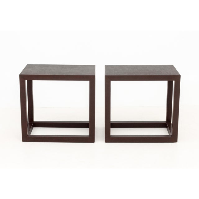 Pair of Karl Springer Attributed Maroon Leather Covered Side Tables. 23" H x 24" W x 16" D. Provenance: From a Forest...