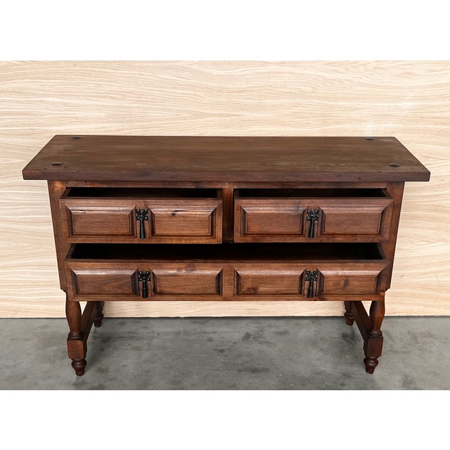 Baroque 19th Century Catalan Spanish Carved Walnut Console Sofa Table, Four Drawers For Sale - Image 3 of 11