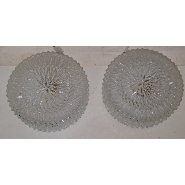 Vintage Ceiling Lamps in White Metal Mounting and Relief Shade and Clear Crystal Glass by Sonlux, 1990s, Set of 2 For Sale - Image 6 of 8