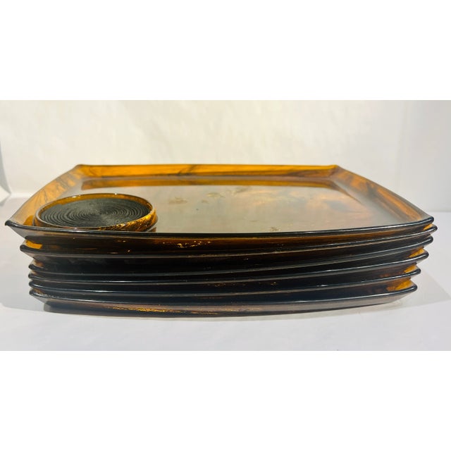 Plastic Vintage Amber Lucite Swirl Midcentury Cocktail Trays With a Cup Rest - Set of 6 For Sale - Image 7 of 10
