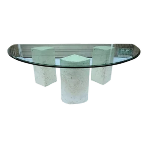 1980s Vintage 96" Long Postmodern Bespoke Demilune Beveled Glass Top 3 Coral Stone Pedestal Dining Table
