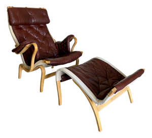 1980s Brown Leather Pernilla Chair and Ottoman by Bruno Mathsson for Dux Sweden, 2 Pieces
