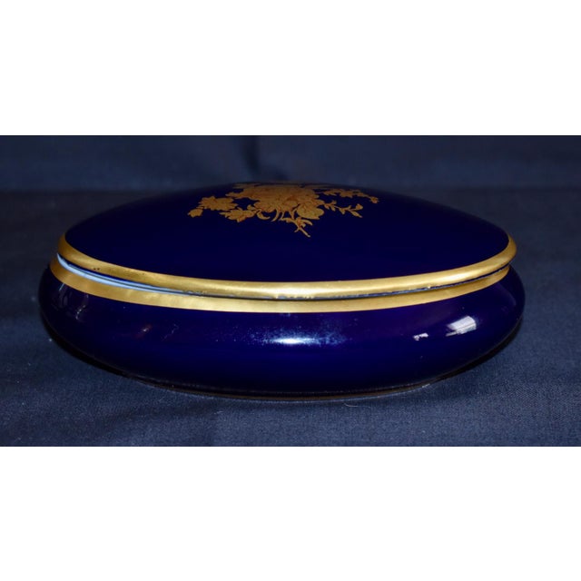 Vintage - !980's Trinket Box with Lid French Limoges Porcelain. Oval in Shape. Cobalt Blue Color with Gold Floral 22k ....