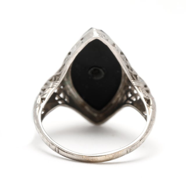 Art Deco Vintage 14k White Gold Black Onyx & Diamond Navette Filigree Ring, Ring Size 6 For Sale - Image 3 of 6