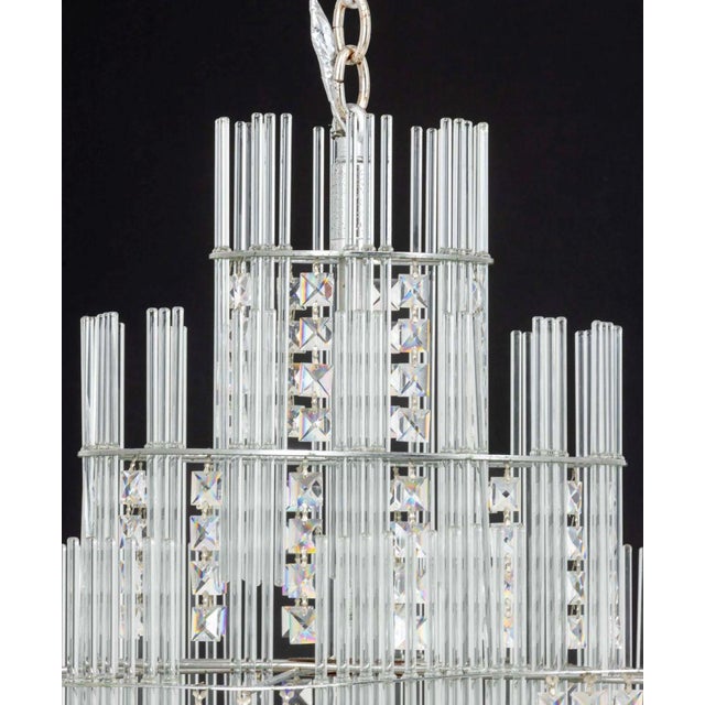 Sciolari Modern Multi-Tiered Crystal and Chrome Chandelier, with faceted square crystal and narrow cylindrical drops. 46"...