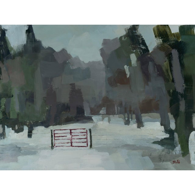 One for Sorrow by Shelli Langdale | Oil on gallery panel Winter landscape with a red gate. For Sale