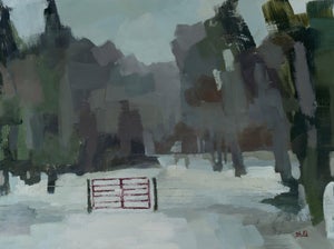 One for Sorrow by Shelli Langdale | Oil on gallery panel Winter landscape with a red gate.