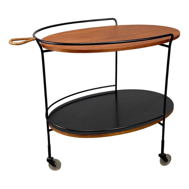 Oval Bar Trolley with Teak Top and Rattan Handle, 1950s For Sale