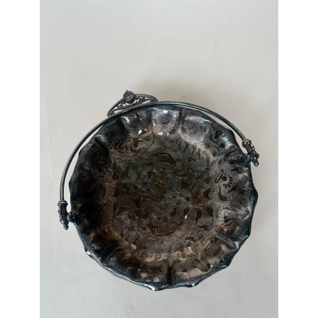 Victorian Antique James W. Tufts Quadruple Plate Bride’s Basket | Aesthetic Movement Bird & Butterfly Motif | c.1890–1910 For Sale - Image 3 of 10