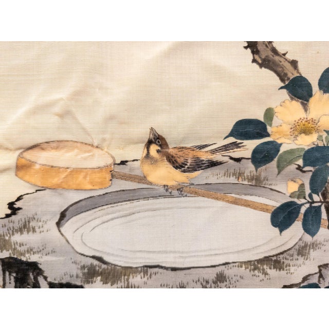 19th Century Japanese Textile Panel With Finches at Birdbath For Sale - Image 10 of 12
