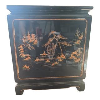 Mid 20th Century Asian Black Lacquered Wood Cabinet For Sale