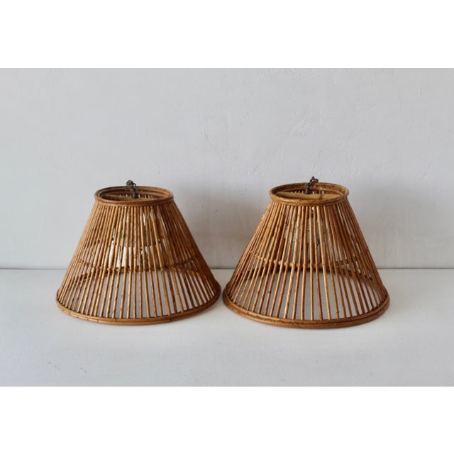 Mid-Century Modern Vintage Handwoven Bamboo Rattan Pendant Swag Style Lamps-a Pair For Sale - Image 3 of 13