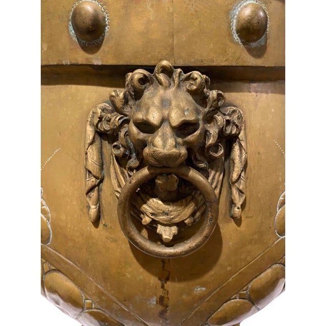 Rare, Large Antique English Jardinière With Brass Etchings and Lion Heads For Sale - Image 9 of 13