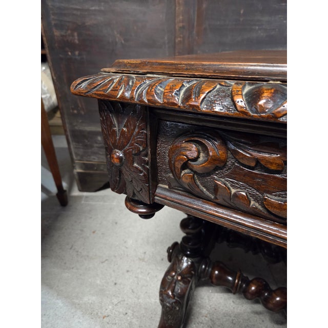 Brown Antique Oak Heavily Carved Late 19th Century Desk With Barley Twist Legs For Sale - Image 8 of 11