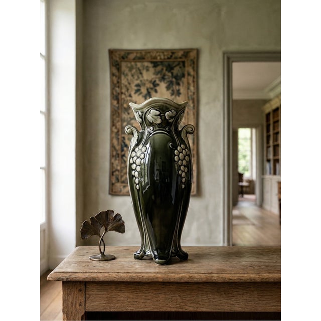Art Nouveau Glazed Ceramic Model 4696 Vase with Relief Grape Decor from De Bruyn, in Flawless conditions. Designed 1920 to...