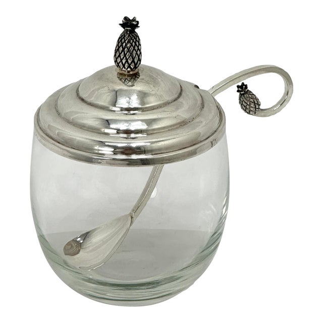 Vintage Mid Century Signed Cartier Sterling Silver & Crystal Pineapple Motif Jam Jar & Matching Spoon Set For Sale