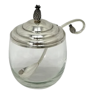 Vintage Mid Century Signed Cartier Sterling Silver & Crystal Pineapple Motif Jam Jar & Matching Spoon Set