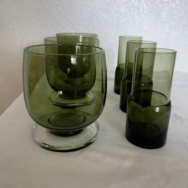 Mid-Century Modern Vintage Mid-Century Modern Olive Green Lowball & Shot Glasses-A Set For Sale - Image 3 of 8