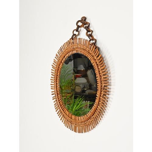 Franco Albini Round Rattan and Bambo Mirror with Chain attributed to Franco Albini, Italy, 1960s For Sale - Image 4 of 13