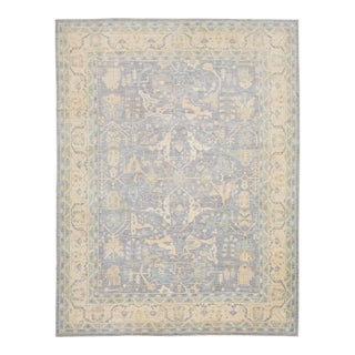 Contemporary Hand-Knotted Oushak-Style Wool Area Rug in Slate Blue and Cream For Sale