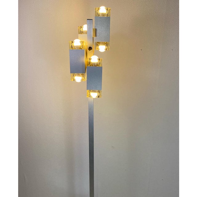 Very well-preserved original floor lamp by Geatano Sciolari. Beautiful thick glass shade mounted on brushed aluminum....