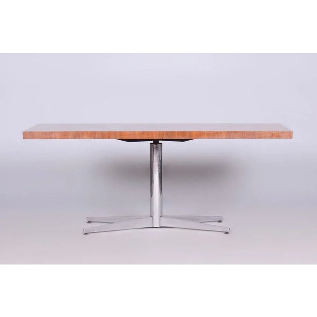 Metal Mid-Century Walnut Coffee Table with Chrome-Plated Steel Base, Former Czechoslovakia, 1960s For Sale - Image 7 of 8