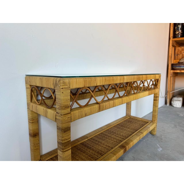 Wood Vintage Coastal Rattan Two-Tier Console Table With Glass Top/Sold For Sale - Image 7 of 12