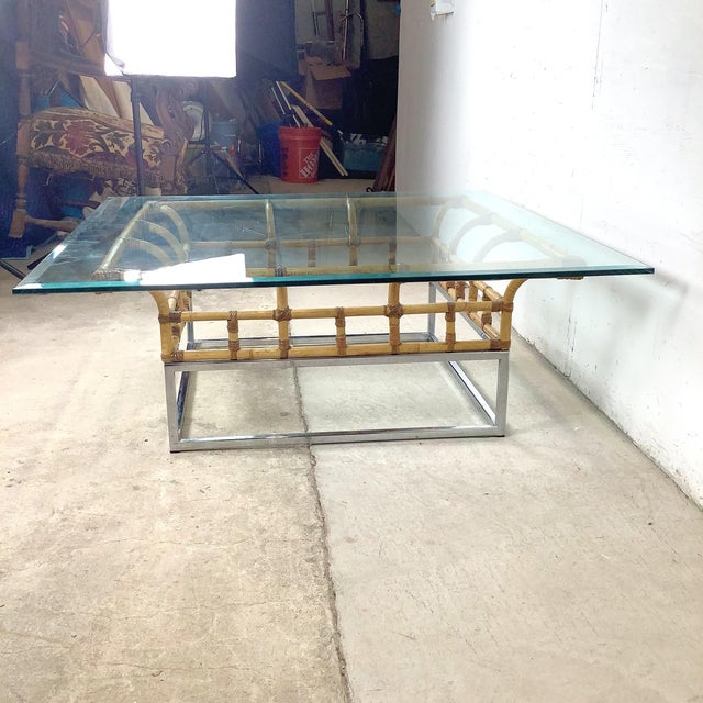 1970s Hollywood Regency Bamboo and Chrome Square Glass Coffee Table For Sale - Image 16 of 18