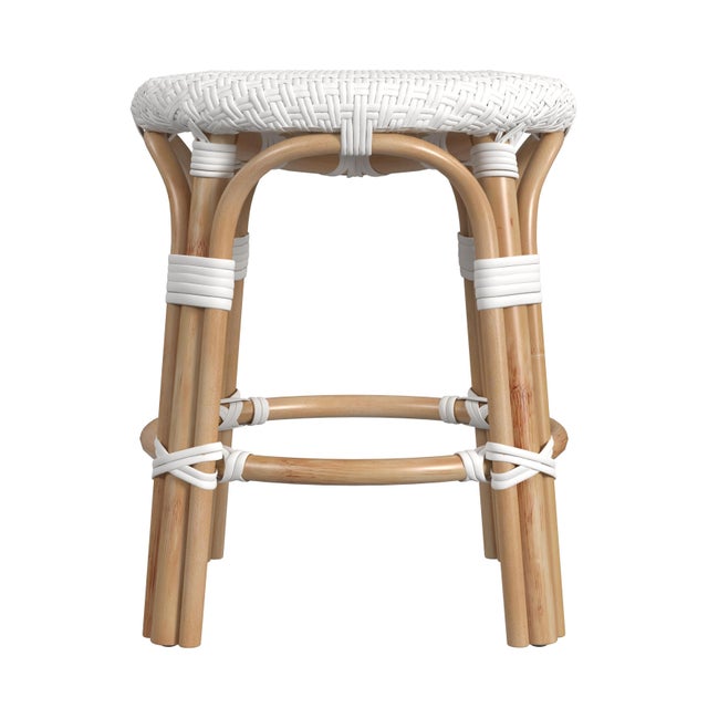 Spritely Home Accent Furniture Tobias 18 in. Seat Height Round Rattan Dining Stool, Glossy White/ Natural Rattan Frame For Sale - Image 4 of 7
