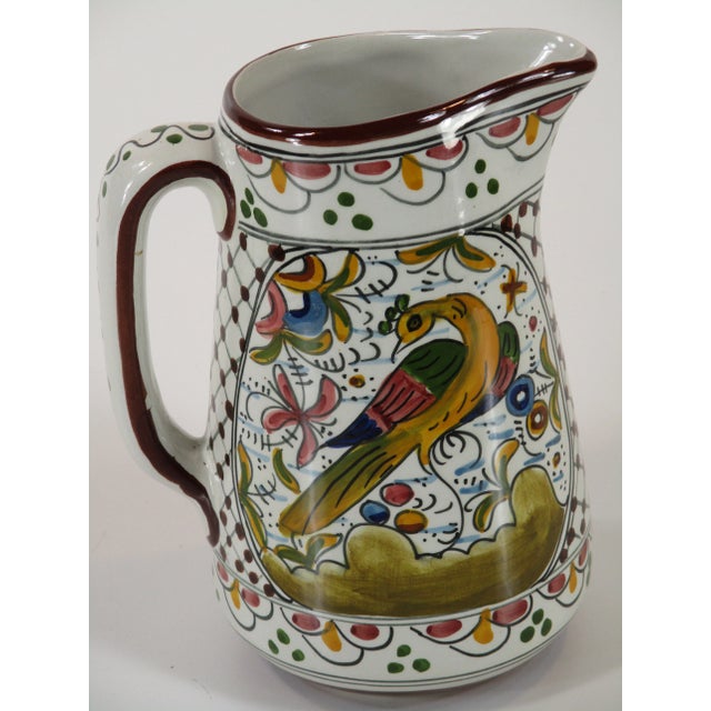 Rustic European Vintage Portugal Faience Pitcher Hand Painted Bird Decoration, Signed For Sale - Image 3 of 12