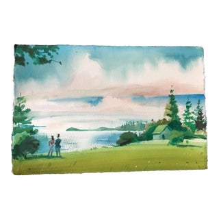 Gazing Toward the Mainland Across Penobscot Bay Original Watercolor Painting For Sale