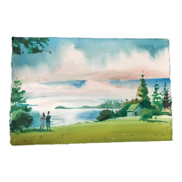Gazing Toward the Mainland Across Penobscot Bay Original Watercolor Painting For Sale