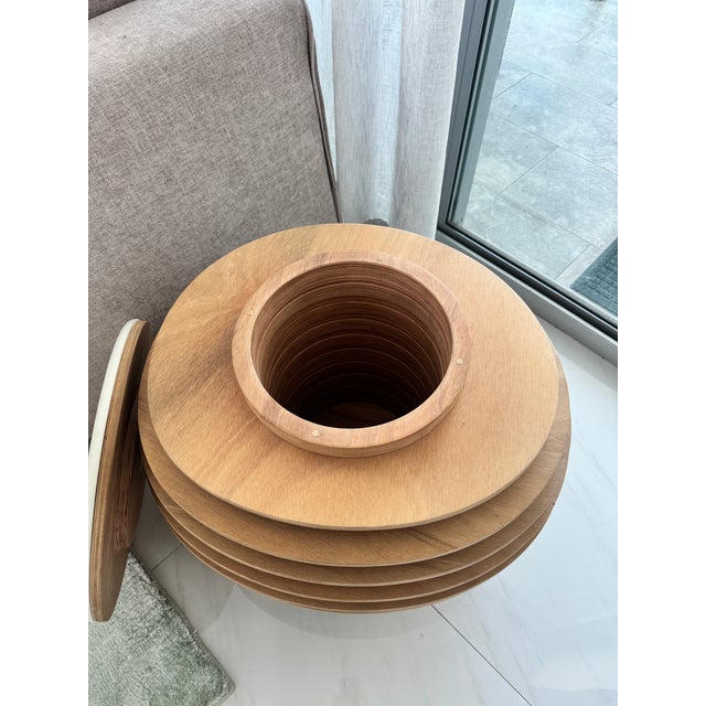 2020s Morelato Sculptural Layered Ash Wood Side Table / Pouf With Leather Top – Italian Design For Sale - Image 5 of 8