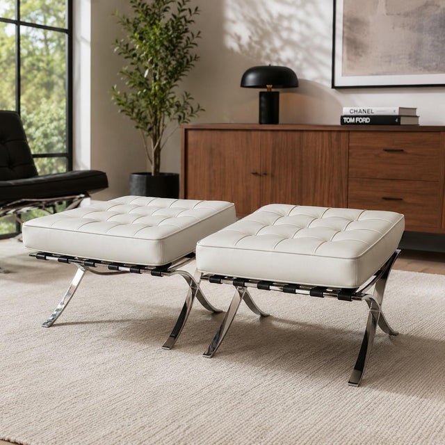 Vintage Barcelona Style Leather Ottomans – Pair Bauhaus Inspired | Chrome X-Frame | Circa 1970s–1990s Offered is a vintage...