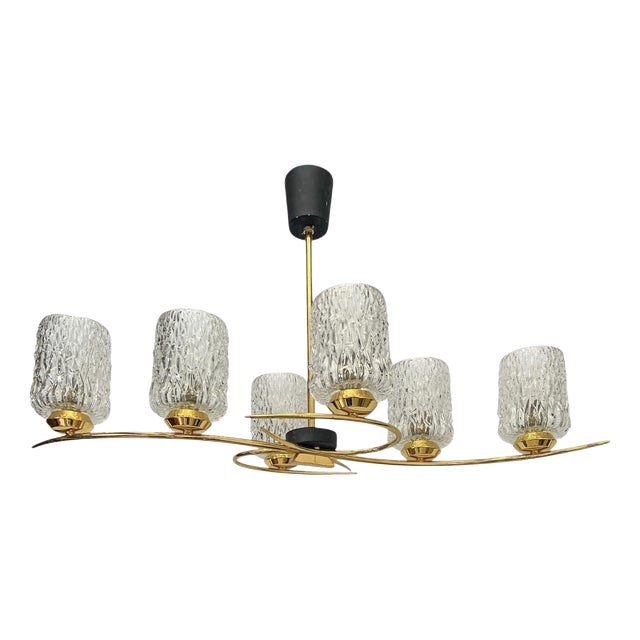 Vintage French Pendant Light in Brass and Glass, 1960s For Sale