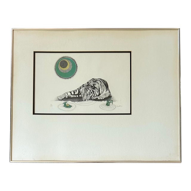 Vintage 1970’s Modernist Framed Etching of a Tiger Drinking From Pond For Sale