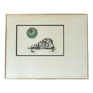 Vintage 1970’s Modernist Framed Etching of a Tiger Drinking From Pond