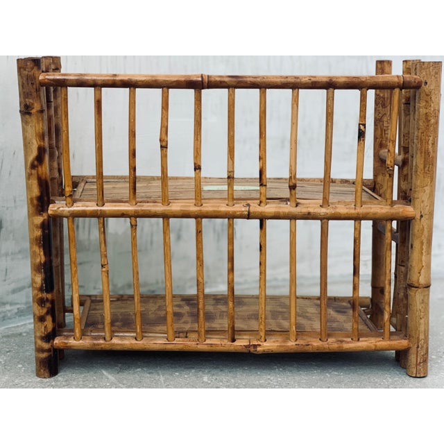 Vintage 1970’s 'Scorched Tortoise' Bamboo, Rattan Petite Folding 2-Tier Etagère For Sale In San Antonio - Image 6 of 12