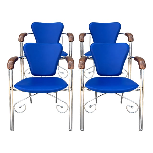 Set of 4 Vintage Arrben Italian Blue Leather Chrome Armchairs For Sale