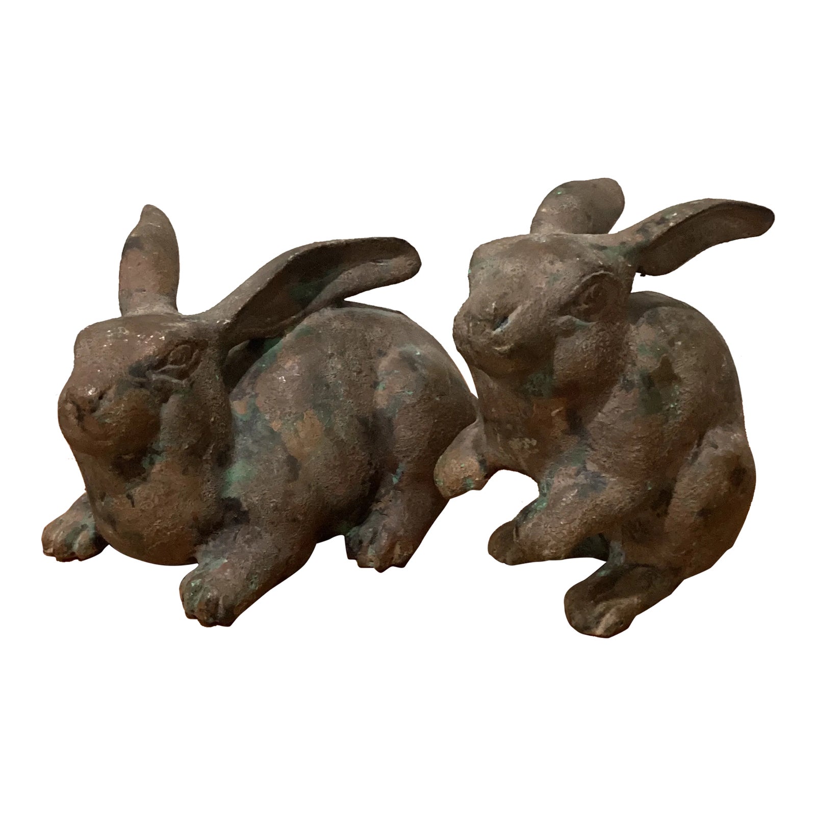 Pair of Vintage Patinated Japanese Iron Rabbits | Chairish