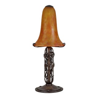 Daum Nancy French Art Deco Table Lamp 1920s - Orange Marmorean Glass & Wrought Iron For Sale
