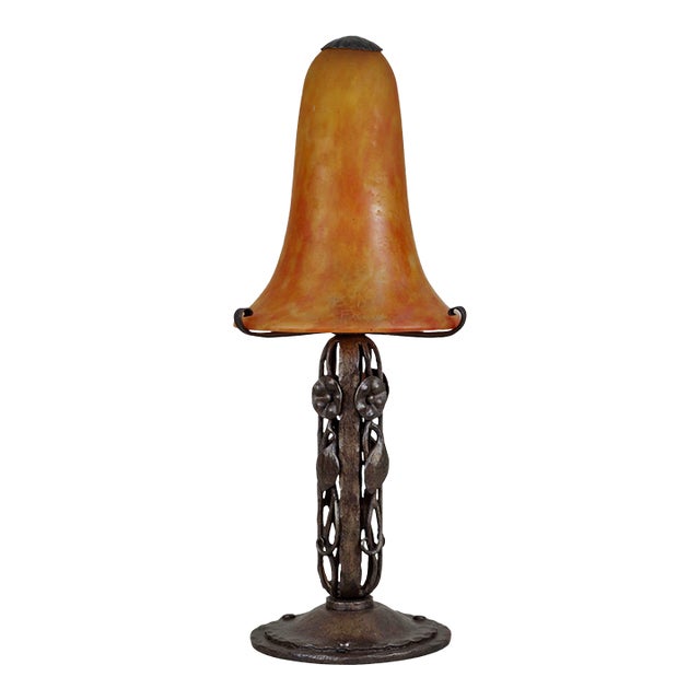Daum Nancy French Art Deco Table Lamp 1920s - Orange Marmorean Glass & Wrought Iron For Sale
