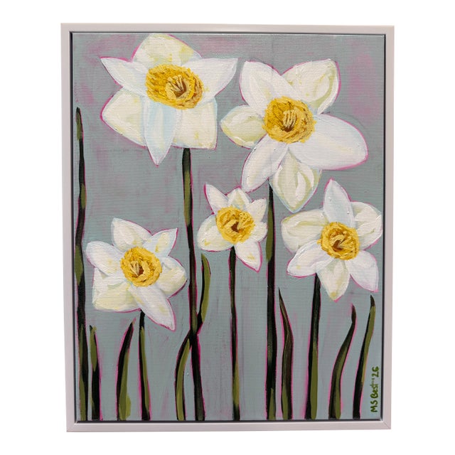 Modern Abstract Floral Acrylic Painting on Canvas, Signed, Framed, Dated For Sale