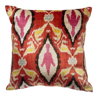 Magenta Gold Rust Silk Velvet Ikat Pillow For Sale