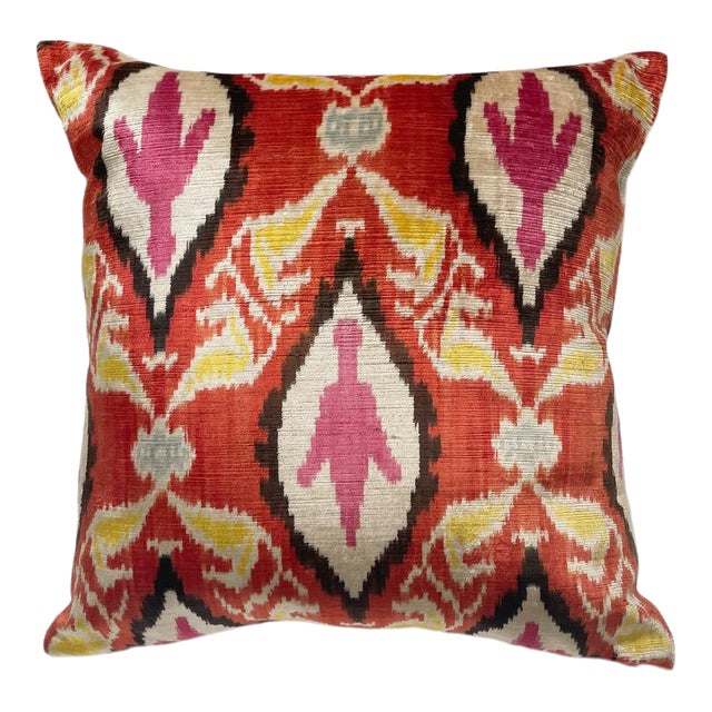Magenta Gold Rust Silk Velvet Ikat Pillow For Sale