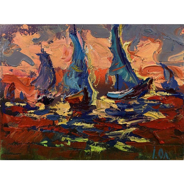2020s Oil Painting Sailboats and Orange Sunset Oleksiy Ivanyuk For Sale - Image 5 of 9
